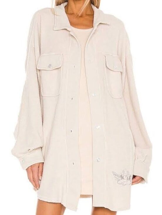 Boys lie Jackets & Blazers - Boys Lie Oversized Sherpa Fleece Shacket Jacket One Size Cream Angel Embroidered